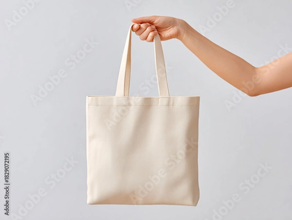 Obraz 清潔感のある淡色トートバッグを持つ手デザインモックアップ用