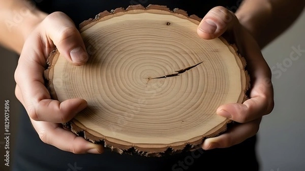 Fototapeta Person gently holding a wooden cross-section, emphasizing organic texture