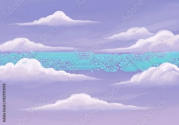 Fototapeta Serene sky landscape with circuit board bridge, connecting ethereal clouds