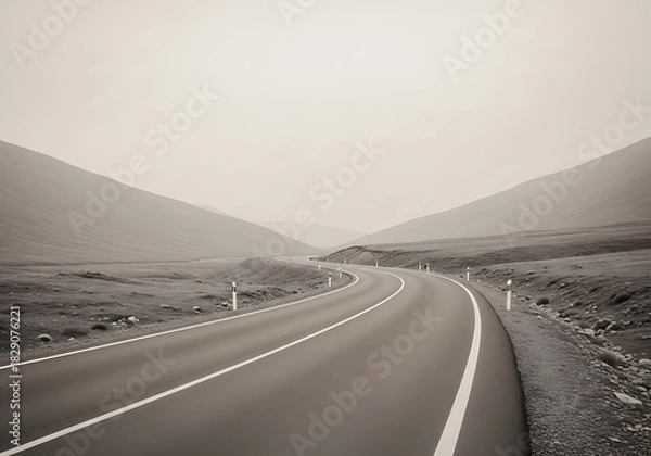 Fototapeta Serpentine Road Through Mountainous Terrain Under an Overcast Sky