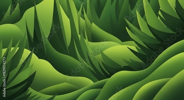 Fototapeta Stylized Green Landscape with Sharp Floral Elements and Gradient Shading