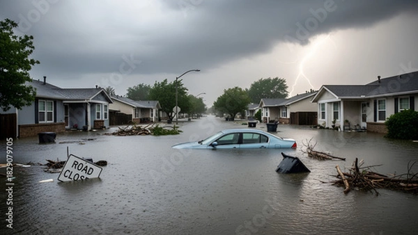 Obraz Flood disaster urban street submerged car debris lightning storm emergency response infrastructure damage risk