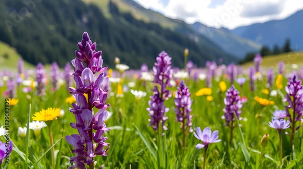 Fototapeta Vibrant Spring Violet Meadow Scene A Bouquet of Colors Awakens in the Swiss Alps, Capturing the Essence of Rebirth and Renewal.