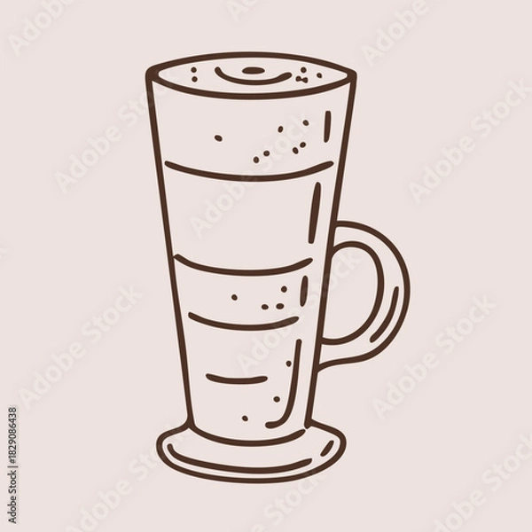 Fototapeta Tall latte glass with foam. Hand drawn outline vector isolated illustration 