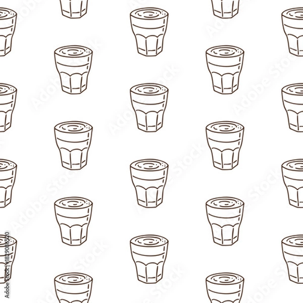 Fototapeta Seamless pattern with hand-drawn small raf or latte coffee glasses on white background. Vector outline style print.