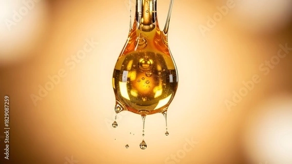 Fototapeta A beautiful macro shot of a golden drop of honey dripping.