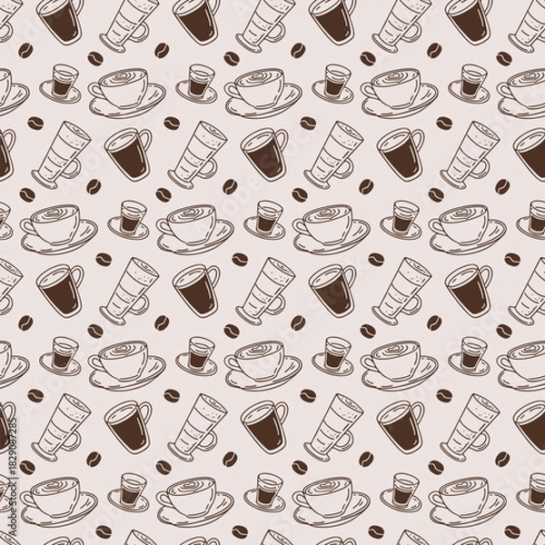 Fototapeta Seamless pattern with handdrawn coffee cups and latte glasses on beige background. Vector outline style print.