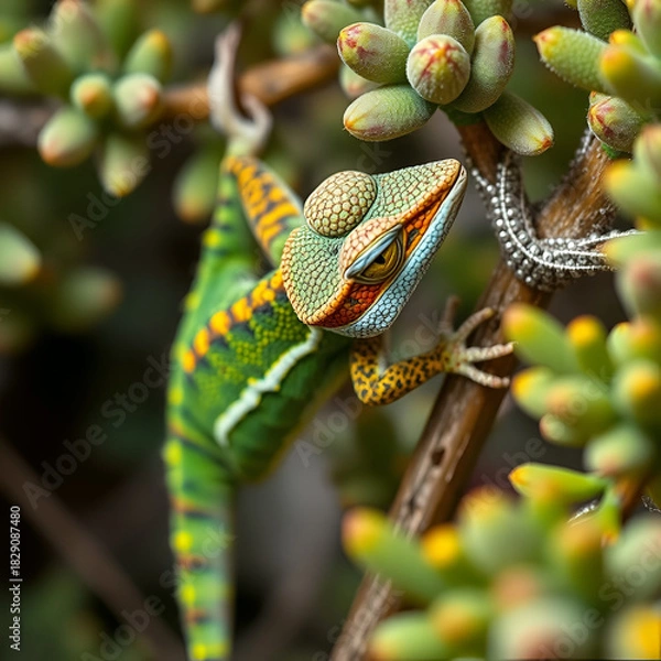 Fototapeta A stunning Robertson Dwarf Chameleon (Bradypodion gutturale), also known as a Little Karoo dwarf chameleon, climbing in the fynbos in the Western Cape, South Africa