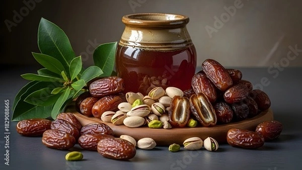 Fototapeta A Jar of Honey Surrounded by Dates and Pistachios with Green Leaves.