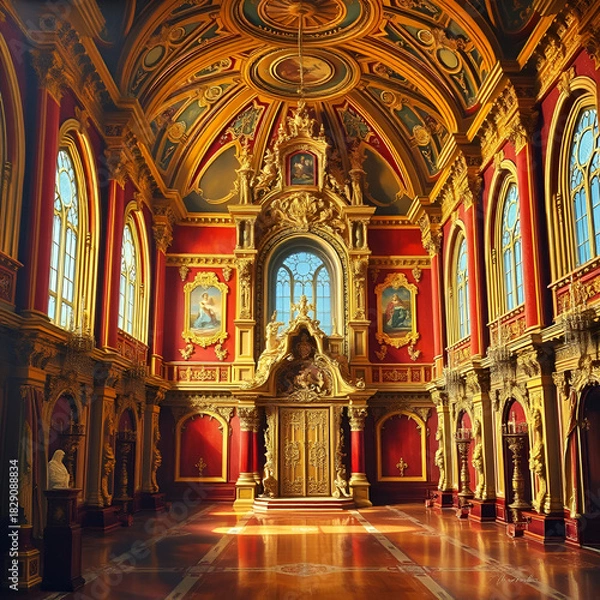 Fototapeta An oil painting depicts a realistic fictionalized interior of a grand golden-red castle with intricate details of the royal palace as its backdrop Fantasy Concept Art