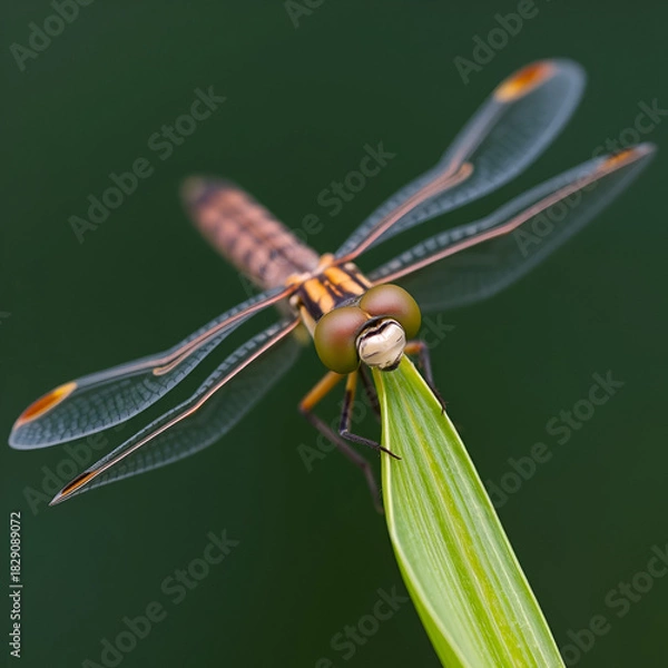 Fototapeta Macro photo of mature dragonfly, Libellula depressa, on green leaf. Adult insect intricate details of segmented body, large compound eyes, delicate wings. Blurred background emphasizes dragonfly in