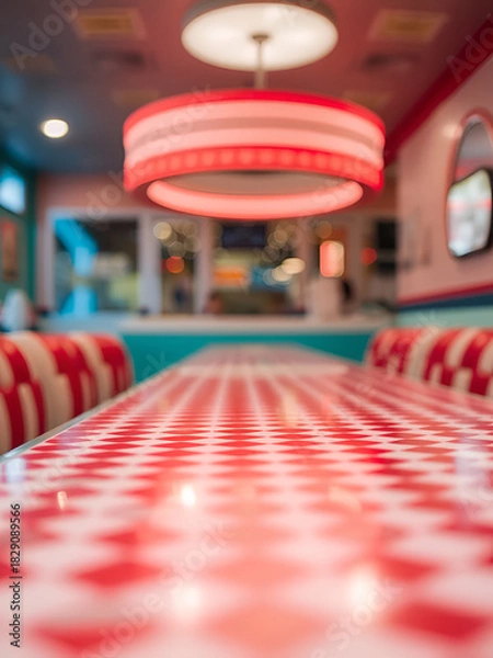 Fototapeta A red and white checkered table typical of an American diner, featuring a blurred background with bokeh effects