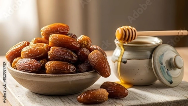 Fototapeta A rustic bowl of sweet dried dates with a ceramic pot of golden honey.