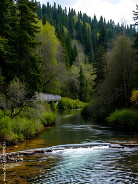 Fototapeta river in foreground, trees precede