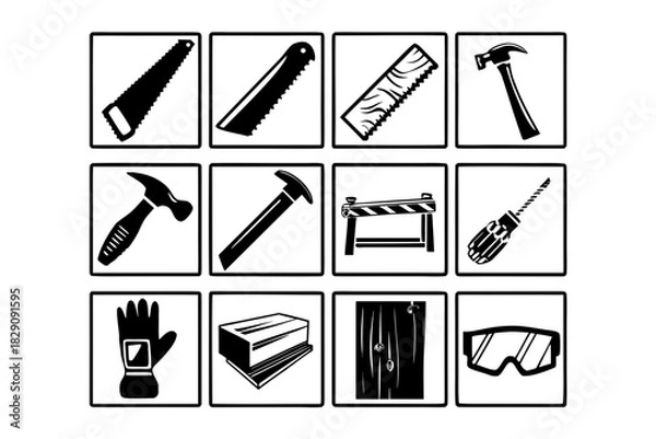 Fototapeta A set of black and white icons for DIY building and carpentry