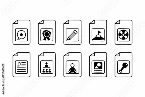Fototapeta A set of black outline icons for digital documents and concepts