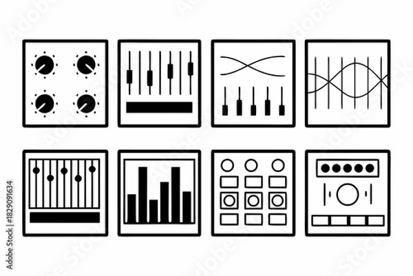 Fototapeta A set of digital audio mixing and effects icons in black and white