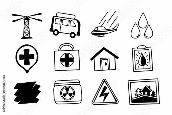 Fototapeta A Set of Hand Drawn Disaster Management and Emergency Icons