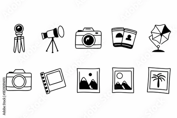 Fototapeta A set of hand drawn photography icons in black and white