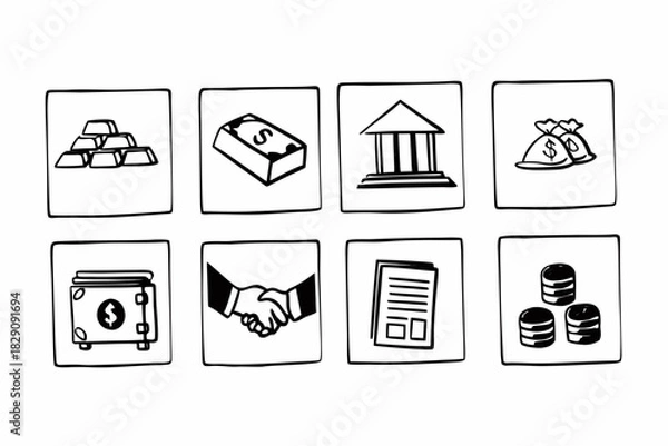 Fototapeta A set of hand drawn icons representing banking and finance