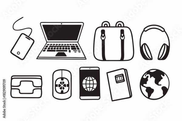 Fototapeta A set of icons showing essential gear for a digital nomad lifestyle