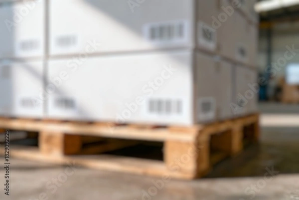 Fototapeta White cardboard boxes arranged on wooden pallet. Blur image 