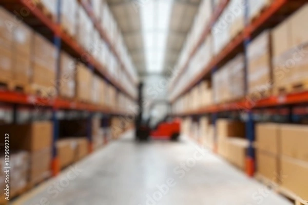 Fototapeta Defocused Background of Spacious and Organized Warehouse Interior with Forklifts and Shelves Stocked with Cardboard Boxes. Blurred Background Photo.