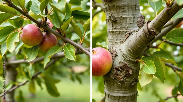 Fototapeta Innovative tree grafting process shown on orchard trees focusing on joining techniques that boost plant vigor and optimize orchard output.