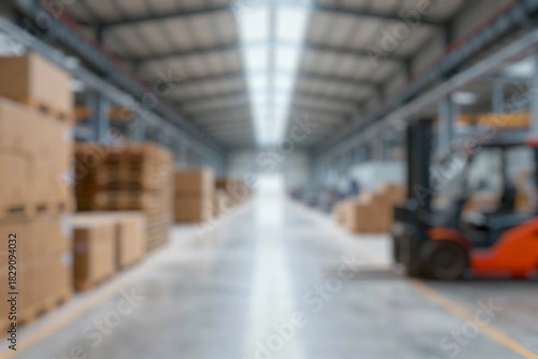 Fototapeta Defocused Background of Spacious Industrial Warehouse Interior with Forklift and Storage Equipment in bright Lighting Conditions. Blurred Background Photo.