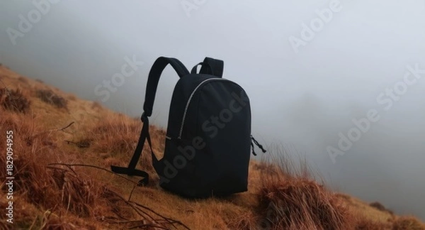 Fototapeta Backpack on a Hillside in Foggy Weather.