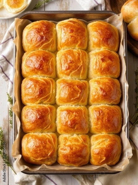Fototapeta Golden Brown Dinner Rolls Baking Sheet.