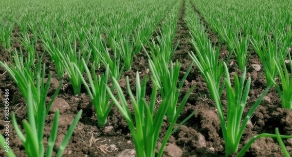 Fototapeta Green onion field in the sunlight.