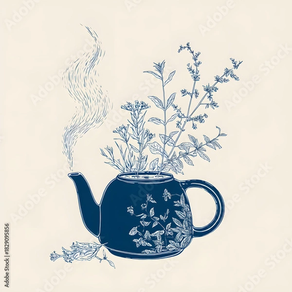 Obraz Teapot with steam illustration with flowers on the back, spring is coming, spring tea time