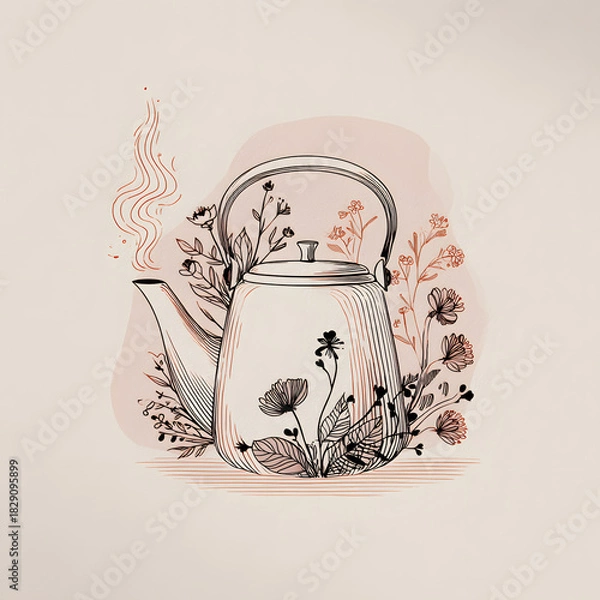 Obraz Teapot with steam illustration with flowers on the back, spring is coming, spring tea time, herbal tea