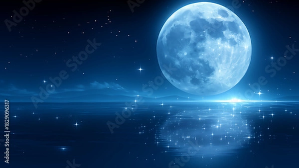 Obraz 湖面に反射する月と星空の風景