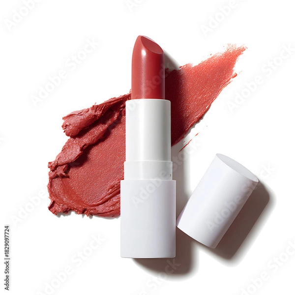 Obraz Red lipstick mock up isolated on white background, a stroke of red lipstick on white 