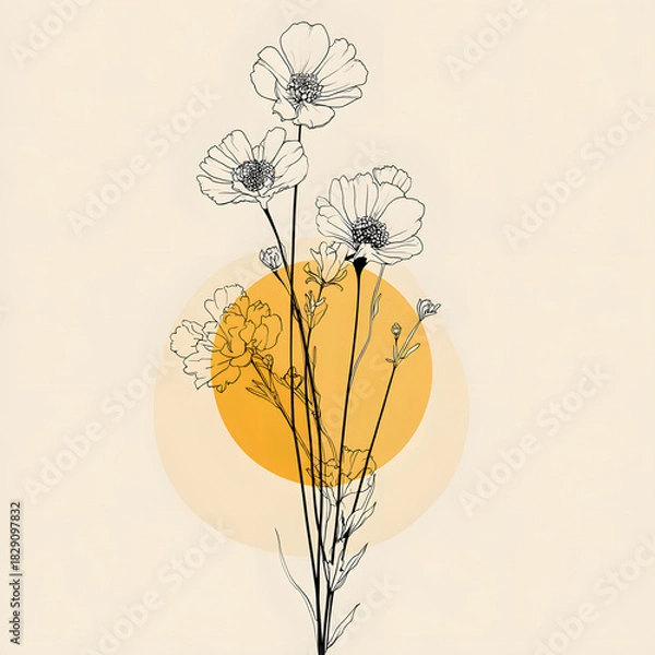 Obraz Bouquet of meadow flowers vector illustration style, one line art, beige, yellow and white and black
