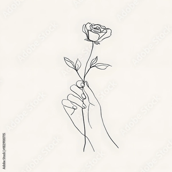 Obraz Rose in hand on beige background, hand drawing of a flower, one line illustration of the rose 