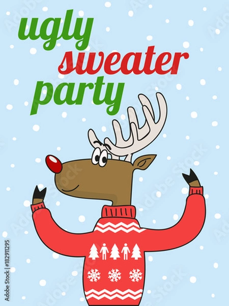 Fototapeta cute deer in a funny sweater with text ugly sweater party