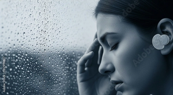 Fototapeta 気象病と低気圧不調、天気痛の専用の耳栓をして雨の窓辺で頭を抱える女性