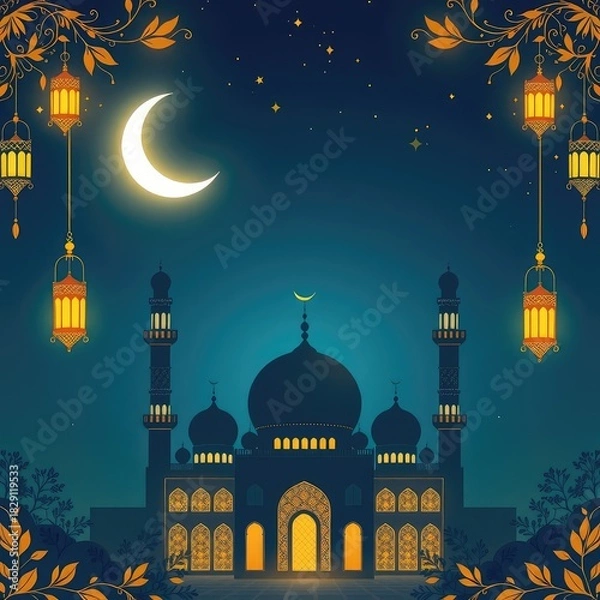 Fototapeta Ramadan Kareem illustration with mosque silhouette crescent moon and lanterns vector design for Islamic holidays and celebrations