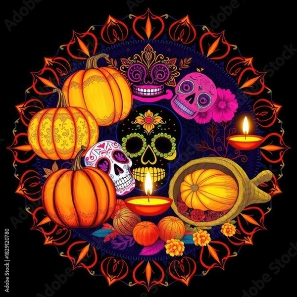 Fototapeta Day of the Dead composition with sugar skulls pumpkins and candles vector illustration for Dia de los Muertos celebration