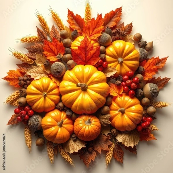 Fototapeta Autumn harvest arrangement with pumpkins fall leaves wheat and berries a seasonal decoration for Thanksgiving and festive occasions