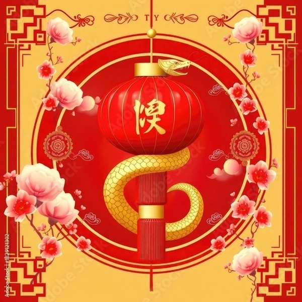Fototapeta Golden snake coiled around a red lantern Chinese New Year illustration for the year of the snake traditional Asian design