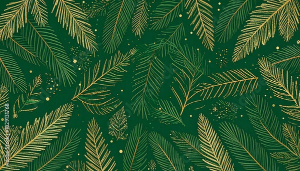 Fototapeta Fir leaves with golden baubles stars lighting garland decorated on red background and space for yo
13