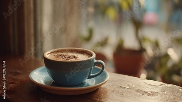 Fototapeta Aromatic coffee cup with delicate foam in cozy and tranquil atmosphere