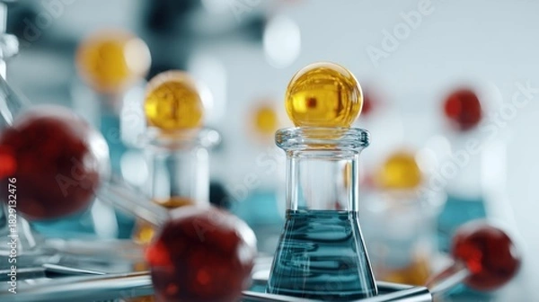 Fototapeta Close-up of Laboratory Glassware with Colorful Liquids for Research and Development