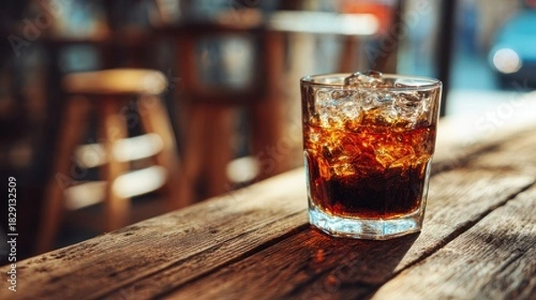 Fototapeta Refreshing Beverage with Ice on Rustic Wooden Table, Bar Setting