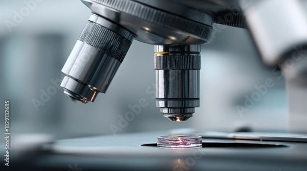 Fototapeta Close-up of microscope examining petri dish in a sterile laboratory environment