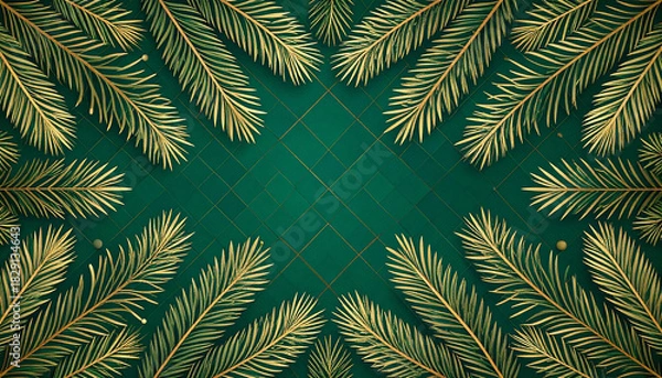 Fototapeta Fir leaves with golden baubles stars lighting garland decorated on red background and space for yo
9